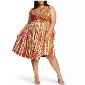 New Isaac Mizrahi Orange Red Pink Floral Pleated Dress Size 2X